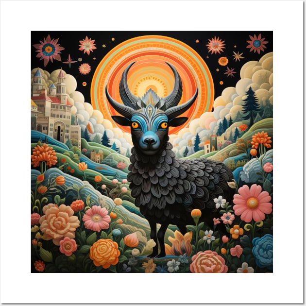 Surrealistic Folk Art Dark Floral Motif Goat Design Wall Art by The Little Store Of Magic